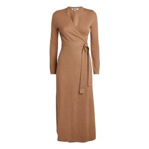 DVF Diane von Furstenberg Astrid Camel V-Neck Long Sleeve Wrap Midi Dress small